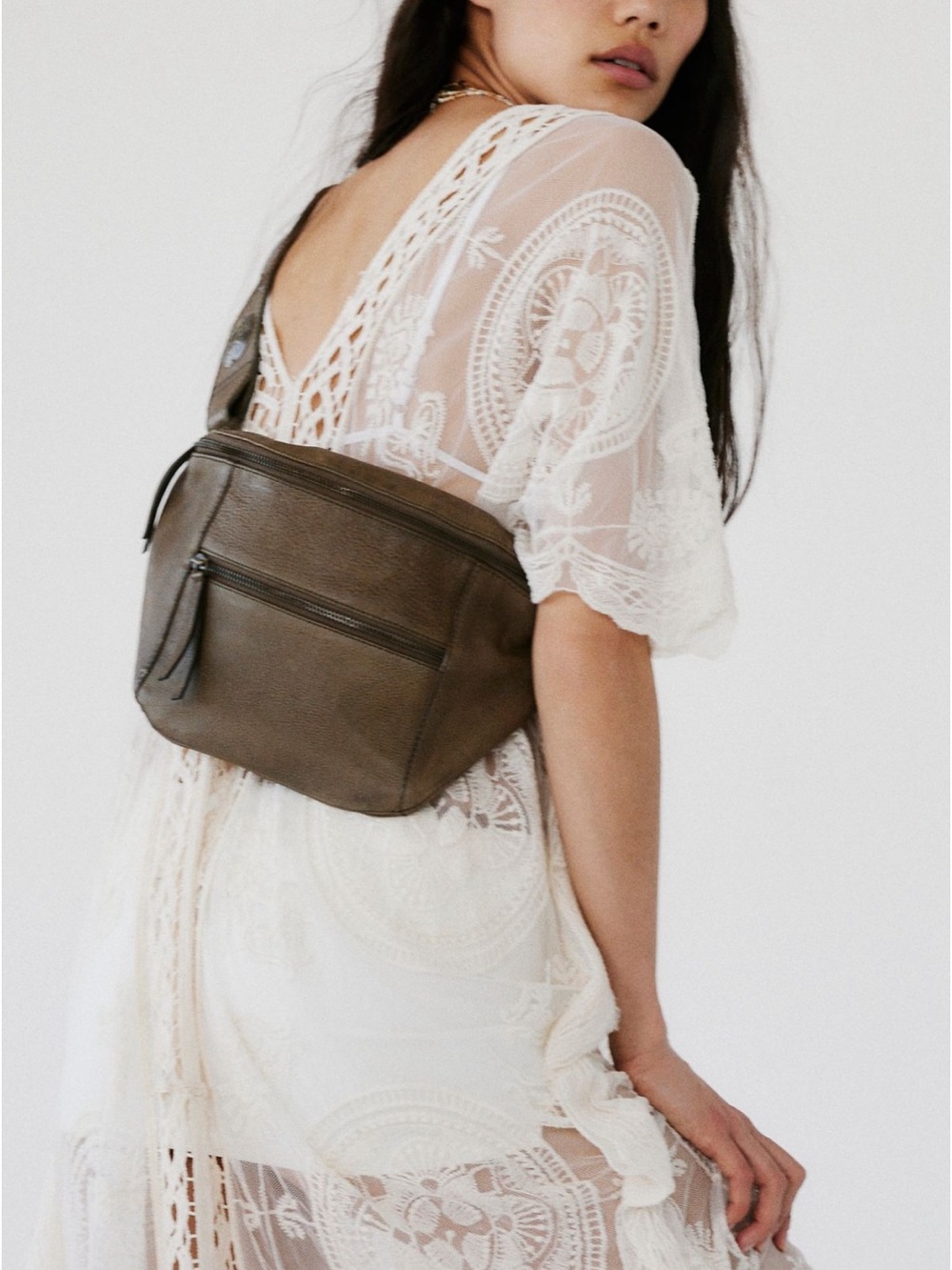 Free People Wilder Embellished Leather Sling Bag Crossbody Frozen Earth - Picture 7 of 14